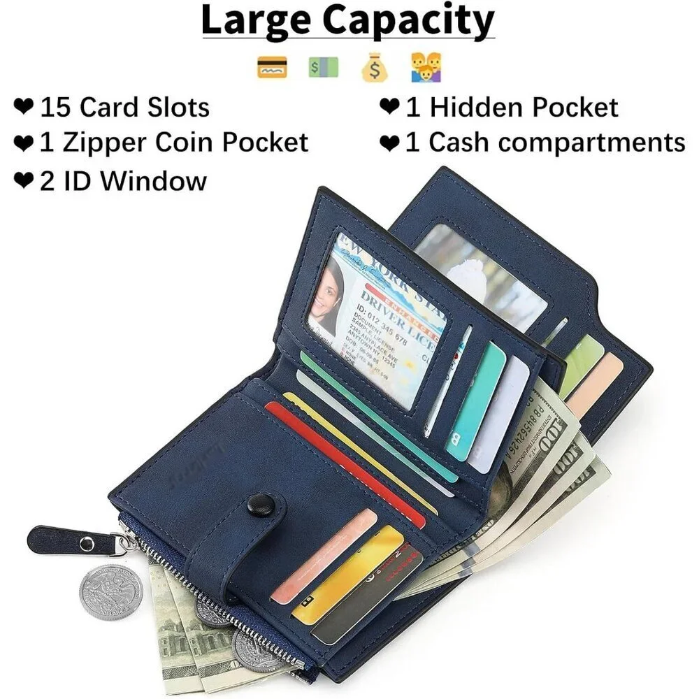 Men's Lake Blue Faux Leather Large Wallet Card Blocking Zipper Hidden Pocket